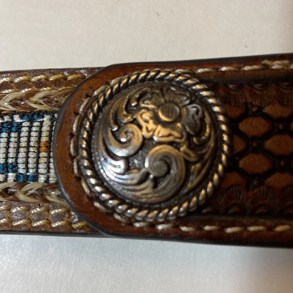 Ariat Brown Leather Boys Western Belt Tapestry Strap Inlay Silvertone Medallion